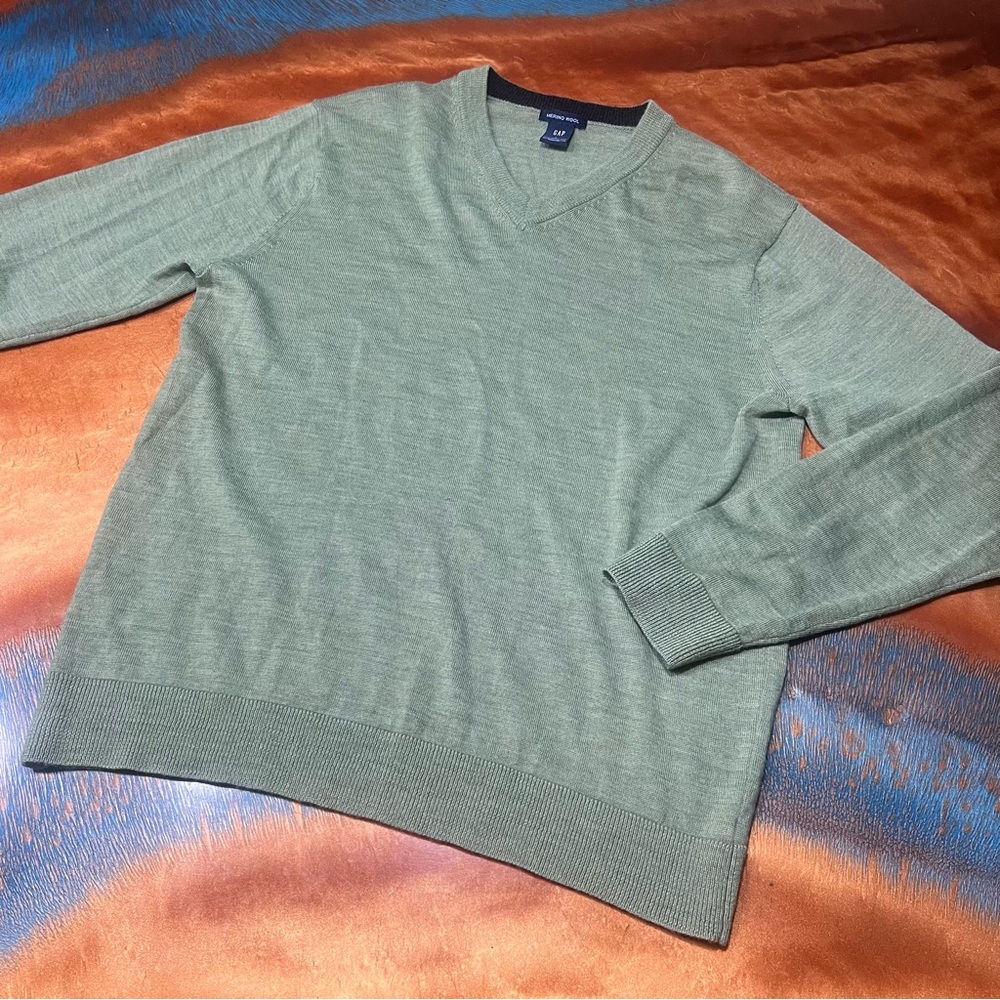 Vintage Gap Merino Wool Sweater V Neck Green Pullover Hong Kong Preppy Large Y2K